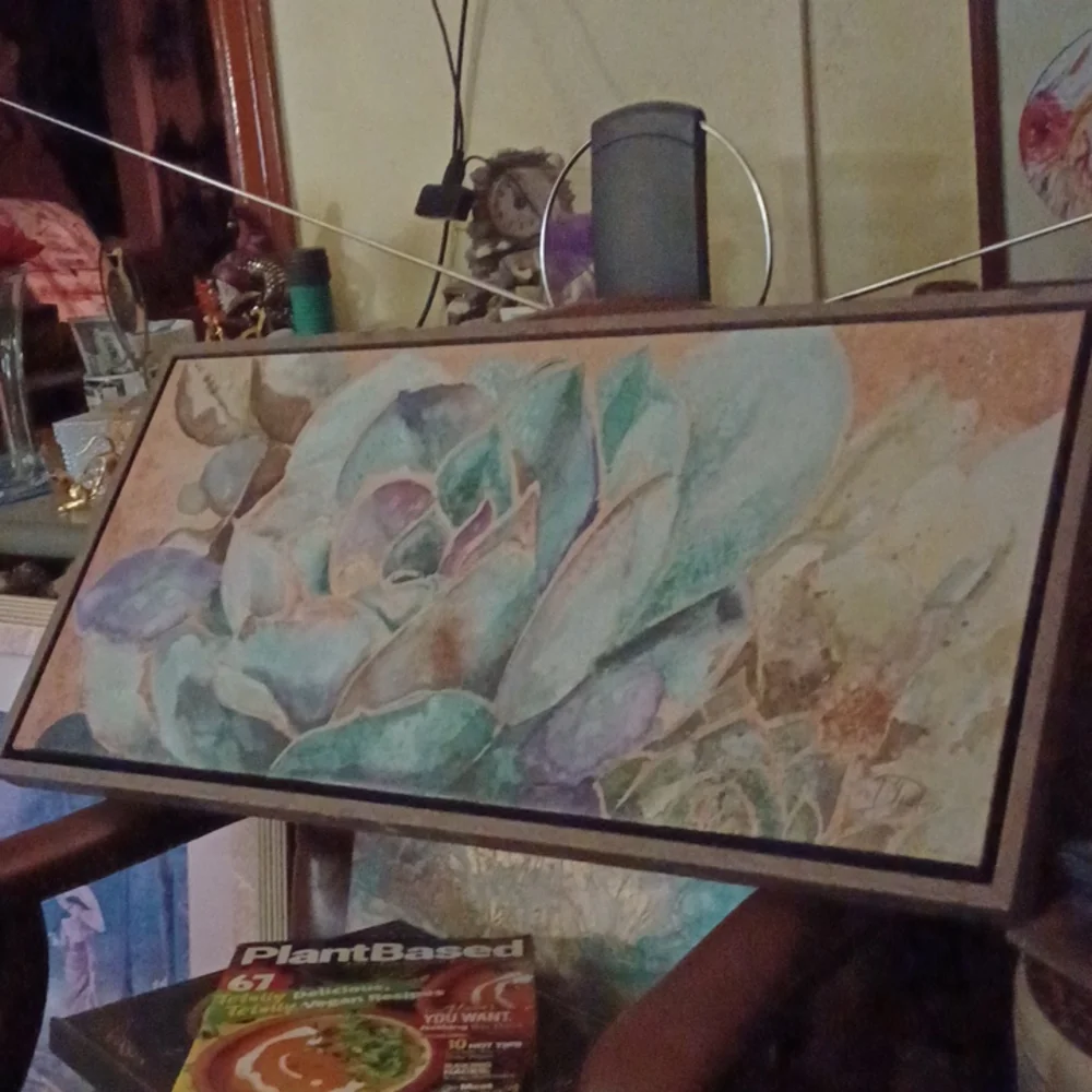 Gorgeous large aqua acrylic floral painting, framed - Picture 2 of 4
